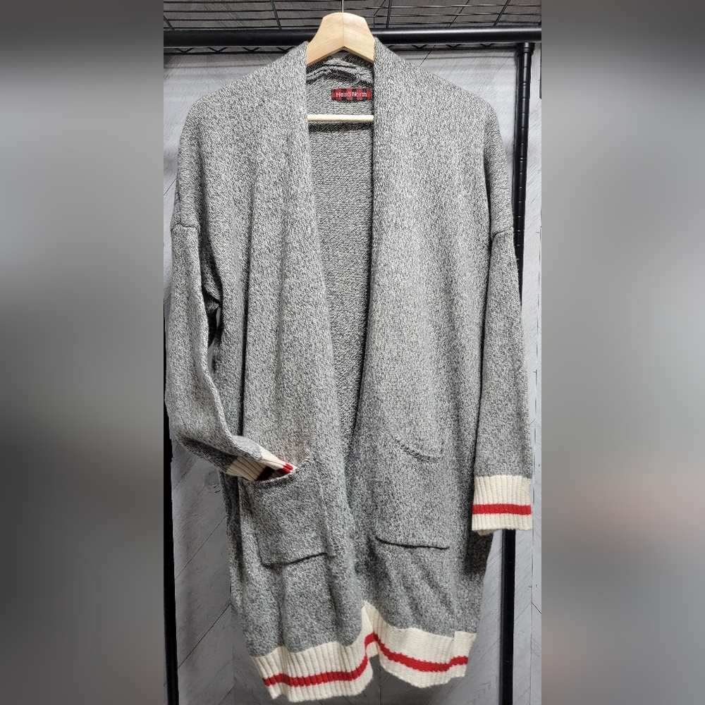 Gray Open Front Cardigan with Striped Trim